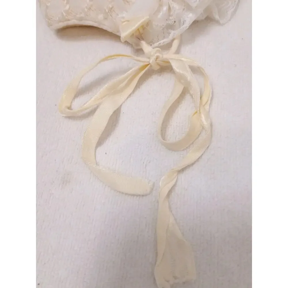 Antique Baby Bonnet Size Small Ivory Ruffled Lace Light Yellow Infant 0-2 Months